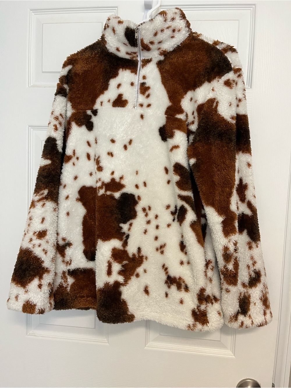 Faux Fur Cow-Print Jacket - White & Brown Cozy Outerwear - Picture 2 of 9